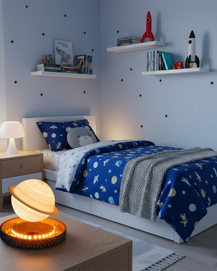 Magnetic levitation Saturn planet lamp floats above a luminous base, placed on a coffee table—a color-changing sphere perfect as a children's night light, bedroom decor, and creative gift