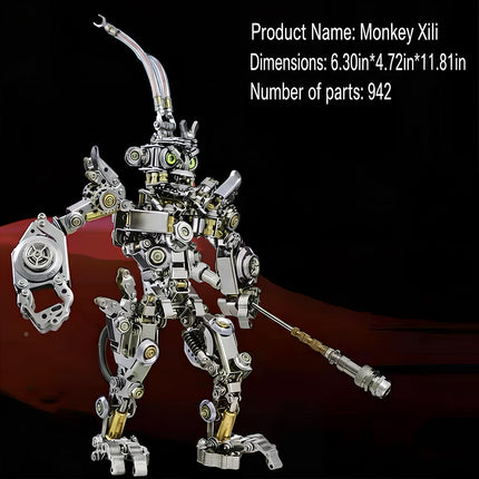 Steampunk-inspired robot figure from a metal model kit, featuring intricate gears and weapon accessories.