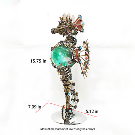 This Steampunk Mechanical Seahorse Artwork features an intricate design with a combination of gears, mechanical parts, and a glowing green spherical element. With dimensions of 15.75 in (height) × 7.09 in (width) × 5.12 in (depth), it serves as a striking decorative piece. Blending steampunk industrial art with a whimsical seahorse form, it’s perfect for steampunk lovers and art enthusiasts, adding a unique mechanical and artistic charm to your space.