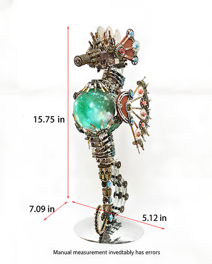 This Steampunk Mechanical Seahorse Artwork features an intricate design with a combination of gears, mechanical parts, and a glowing green spherical element. With dimensions of 15.75 in (height) × 7.09 in (width) × 5.12 in (depth), it serves as a striking decorative piece. Blending steampunk industrial art with a whimsical seahorse form, it’s perfect for steampunk lovers and art enthusiasts, adding a unique mechanical and artistic charm to your space.