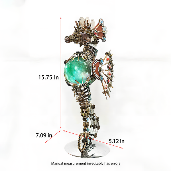 This Steampunk Mechanical Seahorse Artwork features an intricate design with a combination of gears, mechanical parts, and a glowing green spherical element. With dimensions of 15.75 in (height) × 7.09 in (width) × 5.12 in (depth), it serves as a striking decorative piece. Blending steampunk industrial art with a whimsical seahorse form, it’s perfect for steampunk lovers and art enthusiasts, adding a unique mechanical and artistic charm to your space.