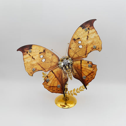 Assembled 3D puzzle metal kits - intricate brown-yellow steampunk butterfly metal model, creative DIY funny table craft with mechanical details