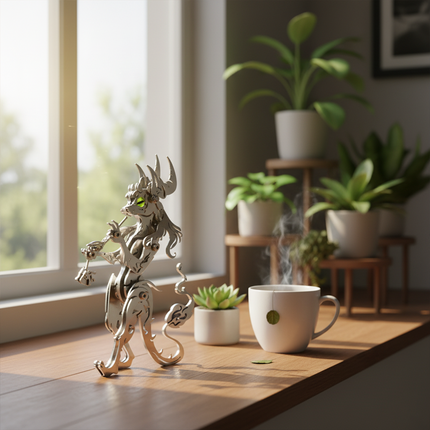 A serene silver DIY 3D puzzle metal kit pipe elder metal model, with green eyes, rests peacefully on a sunlit windowsill beside a steaming cup of tea and a potted plant. This elegant metal model makes a delightful and whimsical tabletop decoration, bringing tranquility and artistic flair to any space