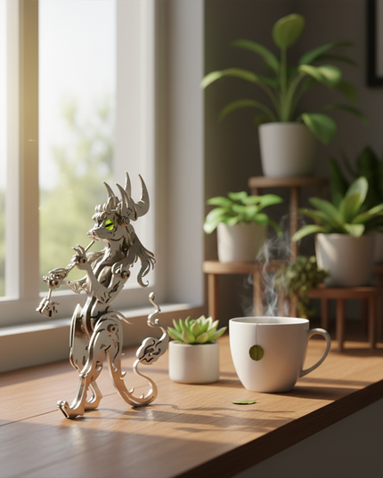 A serene silver DIY 3D puzzle metal kit pipe elder metal model, with green eyes, rests peacefully on a sunlit windowsill beside a steaming cup of tea and a potted plant. This elegant metal model makes a delightful and whimsical tabletop decoration, bringing tranquility and artistic flair to any space