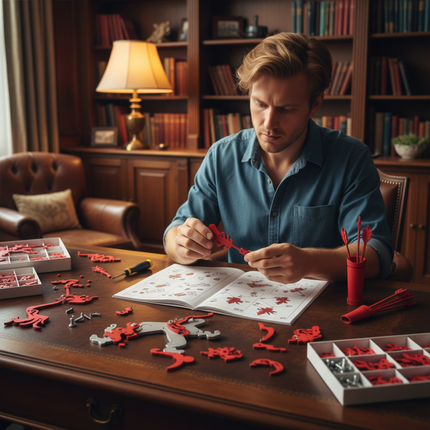 Man assembling a red mechanical model at a wooden desk in a cozy study, surrounded by tools, instructions, and DIY parts — illustrating creativity and focus