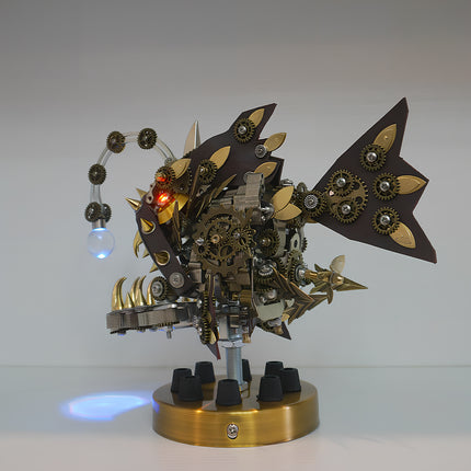  Dynamic side view of an illuminated mechanical steampunk lanternfish lamp metal model 3D puzzle Metal Kit, featuring a dark brown and brass body, intricate gears, glowing red eyes, and a clear articulated lure casting a blue light. This captivating steam punk mech is both a challenging steampunk puzzle and a unique decorative light.