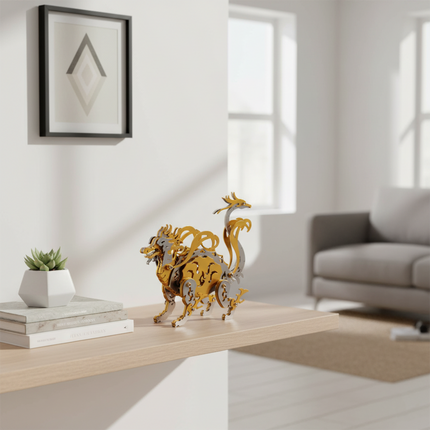 The gold and silver metallic玄武3D puzzle sits on a modern-style shelf alongside books and succulent plants. This eye-catching DIY metal model makes for an interesting desktop or home decor piece