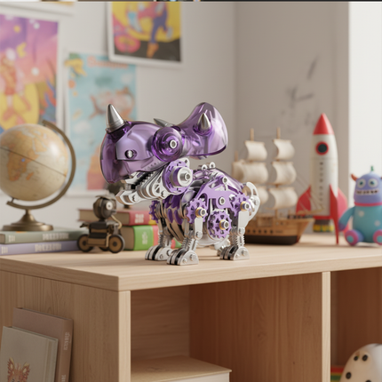 A vibrant purple dragon model with translucent sections and visible gears sits displayed on a wooden shelf, set against a room backdrop featuring a globe, toy rocket, and books. This captivating metal model is the delightful outcome of our 3D assembly metal kit DIY project, adding a playful and whimsical desktop decoration to any space