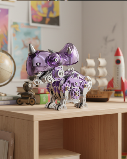 A vibrant purple dragon model with translucent sections and visible gears sits displayed on a wooden shelf, set against a room backdrop featuring a globe, toy rocket, and books. This captivating metal model is the delightful outcome of our 3D assembly metal kit DIY project, adding a playful and whimsical desktop decoration to any space