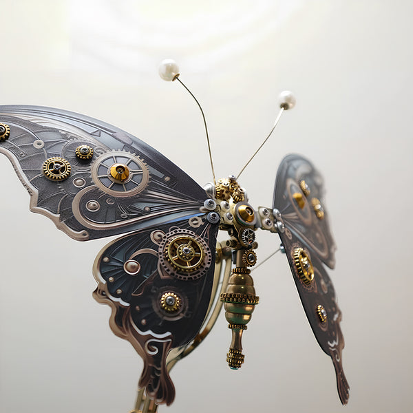 Close-up of an elegant steampunk butterfly metal model with pearl antennae, an exquisite 3D puzzle for mechanical steampunk enthusiasts.