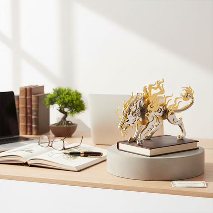 Golden and silver metal mythical creature 3D puzzle displayed on a book on a clean wooden desk, a sophisticated DIY metal model for an intellectual and funny table