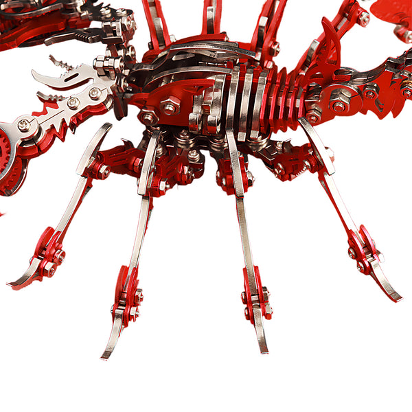 Close-up views of the red scorpion's mechanical gears and joints, displaying the complex assembly and design of this premium **metal model kit** and **puzzle mécanique métal**.