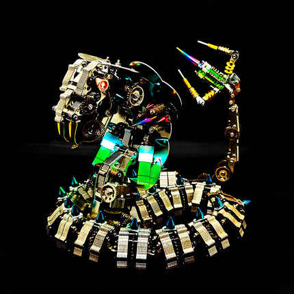  A vibrant mechanical cobra, a metallic 3D puzzle, glowing with green and blue accents against a dark background, showcasing the unique design of this metal model kit.