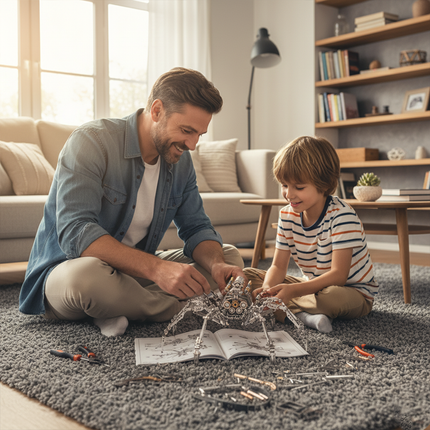  A smiling father and son assembling a detailed mechanical spider 3D puzzle metal model, a fun DIY metal kit, on a living room rug. This engaging activity creates a funny table conversation piece and bonding experience