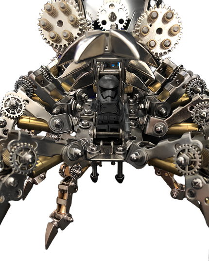  Close-up of a detailed steampunk spider metal model featuring a hidden pilot. This advanced DIY 3D puzzle from our Metal Kits collection is a fantastic "funny table" centerpiece and a must-have metal model for collectors of unique "table funny" art