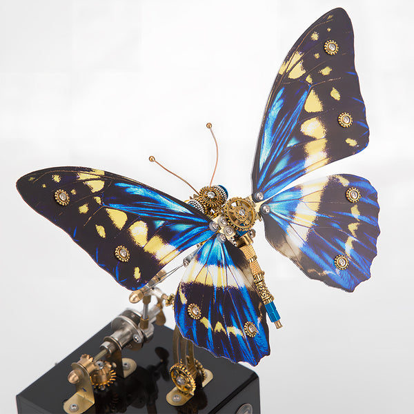 Elevated view of a captivating blue-winged steampunk butterfly metal model, an impressive funny table centerpiece. This DIY 3D puzzle metal kit is a splendid gift for hobbyists and art collectors.
