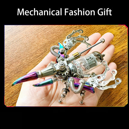  Hand holding a "Mechanical Dazzling Armor" beetle mech metal model, a fashionable 3D puzzle metal kit and steampunk gift.