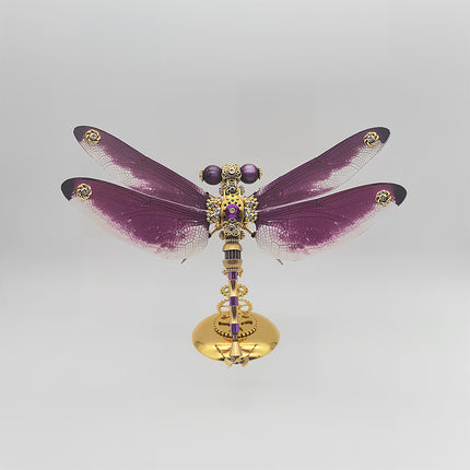 DIY 3D Puzzle Metal Kits - Lavish Steampunk Dragonfly Metal Model with Purple Gradient Wings & Gilded Gear Base, Ideal Funny Table Ornament