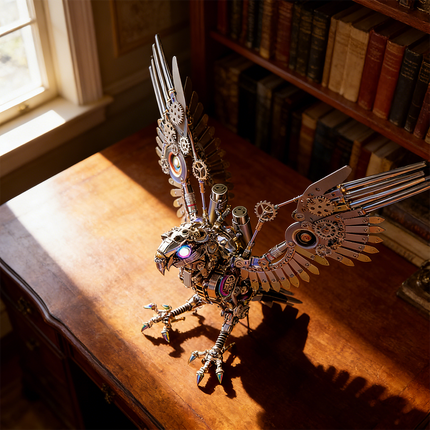 A majestic steampunk mech sea eagle maquette en metal with outspread wings, featuring intricate gears and vibrant iridescent accents. This impressive 3D metal model kit is positioned on a polished wooden desk, bathed in sunlight from a nearby window, with a bookshelf in the background, serving as a sophisticated steampunk puzzle and decor.