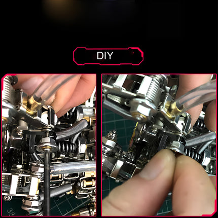 DIY assembly close-ups of the mechanical steampunk dragon claw lamp metal model 3D puzzle Metal Kit, showing hands carefully connecting intricate chrome components, screws, springs, and translucent tubes. This step-by-step view highlights the hands-on process of building this challenging steam punk mech and steampunk puzzle.