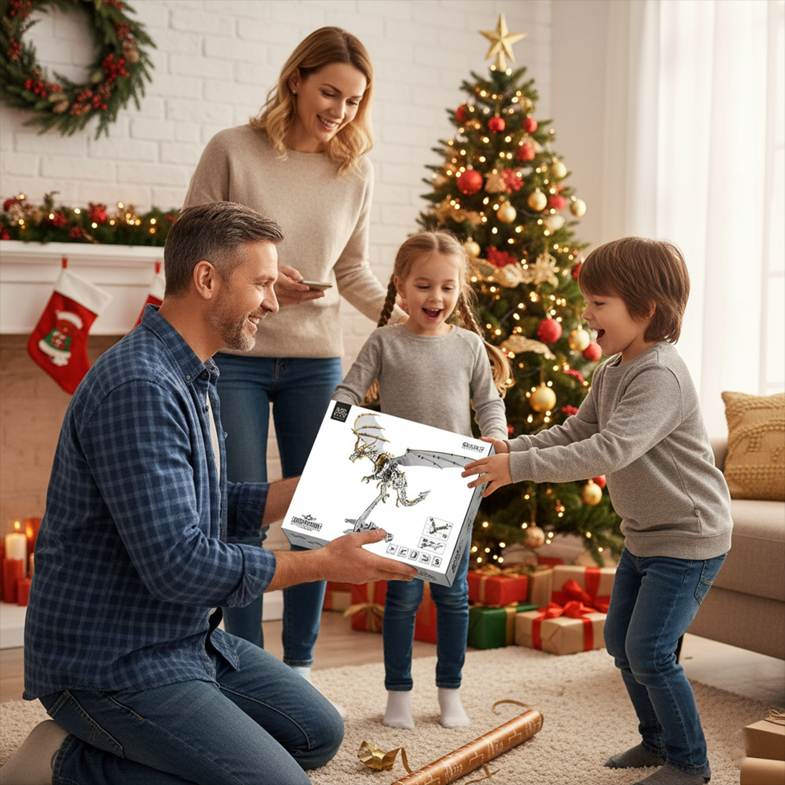 Happy family celebrating Christmas, father giving a 3D puzzle Metal Kit to his child, highlighting creative learning and meaningful bonding moments