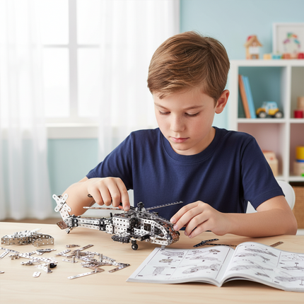Table Funny Mechanical Helicopter 3D Metal Puzzle Kit for Kids - An engaging project for young aviation fans, engineering learners, and hands-on children, this creation from Table Funny presents a mechanical helicopter with metallic components, child-friendly structural mechanisms, and educational aviation styling, highlighted by safe assembly tools and an easy-to-follow instruction manual. It’s a rewarding Table Funny build experience for kids that merges playful exploration, aviation cognition, and develo