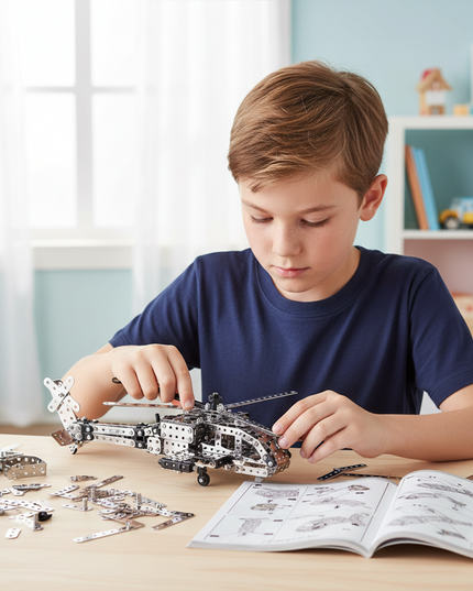 Table Funny Mechanical Helicopter 3D Metal Puzzle Kit for Kids - An engaging project for young aviation fans, engineering learners, and hands-on children, this creation from Table Funny presents a mechanical helicopter with metallic components, child-friendly structural mechanisms, and educational aviation styling, highlighted by safe assembly tools and an easy-to-follow instruction manual. It’s a rewarding Table Funny build experience for kids that merges playful exploration, aviation cognition, and develo