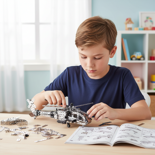 Table Funny Mechanical Helicopter 3D Metal Puzzle Kit for Kids - An engaging project for young aviation fans, engineering learners, and hands-on children, this creation from Table Funny presents a mechanical helicopter with metallic components, child-friendly structural mechanisms, and educational aviation styling, highlighted by safe assembly tools and an easy-to-follow instruction manual. It’s a rewarding Table Funny build experience for kids that merges playful exploration, aviation cognition, and develo
