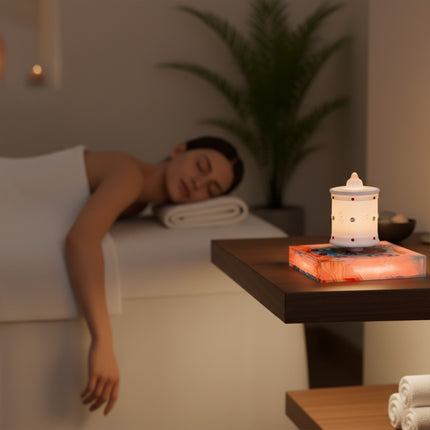 A serene spa scene: a magnetic levitation Zen lamp rests on its base, a woman reclines on a massage bed, surrounded by greenery — a modern home spa ambiance light