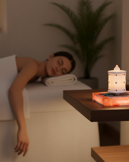 A serene spa scene: a magnetic levitation Zen lamp rests on its base, a woman reclines on a massage bed, surrounded by greenery — a modern home spa ambiance light