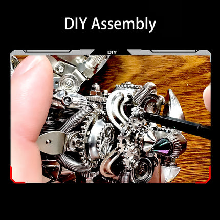 DIY assembly of a complex mechanical metal puzzle, showcasing the intricate parts of a metal model kit being put together by hand.
