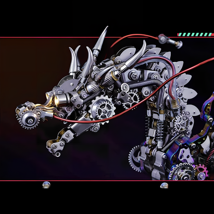  Side view of an elaborate metallic dragon model, showcasing its steampunk-inspired design with visible gears, springs, and bright red wiring against a dark background. This magnificent metal model is a captivating DIY challenge from our 3D puzzle metal kits, making for a truly funny table centerpiece.