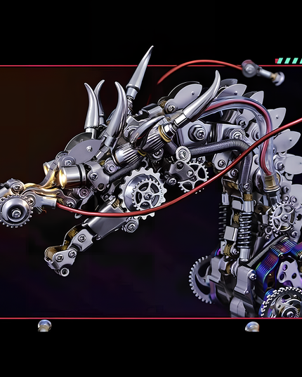  Side view of an elaborate metallic dragon model, showcasing its steampunk-inspired design with visible gears, springs, and bright red wiring against a dark background. This magnificent metal model is a captivating DIY challenge from our 3D puzzle metal kits, making for a truly funny table centerpiece.
