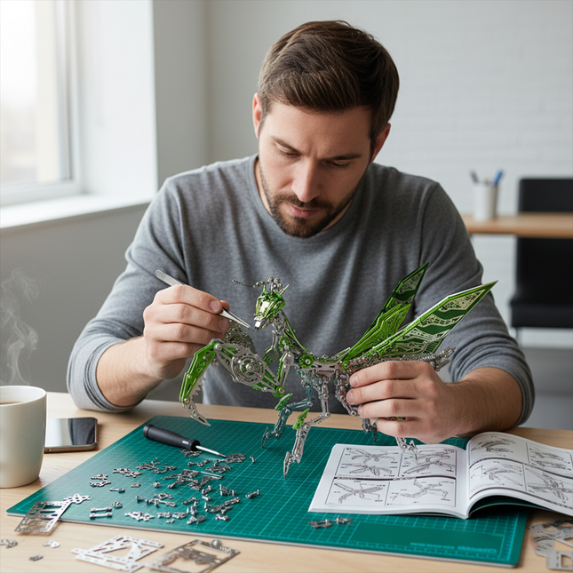  Man focused on assembling a green Praying Mantis Metal Kits model, enjoying the challenge of this DIY 3D puzzle. A unique funny table display piece.