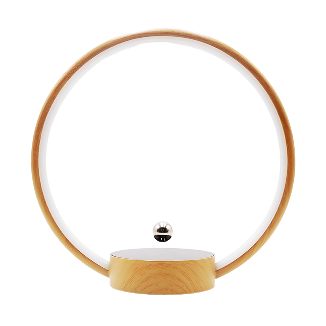 Modern levitating desk lamp with wood finish, featuring a circular LED light and magnetic suspension