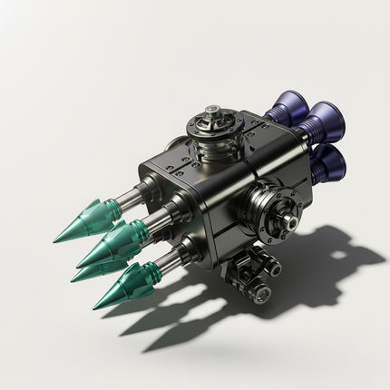 Table Funny 3D Puzzle Metal Kits Mechanical Weapon Artwork - A sleek creation for DIY enthusiasts, industrial/mechanical design lovers, and decor admirers, this piece from Table Funny is an elaborate mechanical weapon (launcher-style) assembled from 3D puzzle metal kits. It features a polished metallic structure (black, teal, purple accents), exposed gear mechanics, and poseable components (projectile tips, jointed sections), paired with a futuristic military-industrial aesthetic