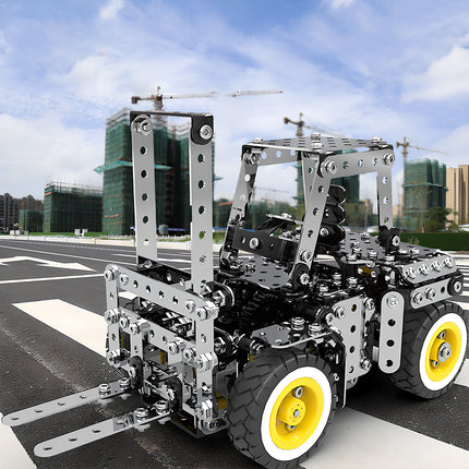 Detailed mechanical steampunk forklift featuring a sturdy steel frame and yellow wheels, a unique steam punk mech vehicle.