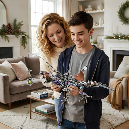 A mother and teenage son smiling with their completed steampunk puzzle creature, a perfect holiday gift from premium 3D puzzle Metal Kits.