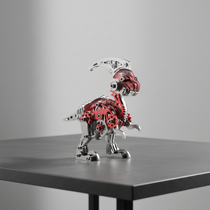A cool DIY 3D puzzle metal model of a Parasaurolophus dinosaur, perfect for a funny table centerpiece. This metal kit features intricate gears and a sleek design, offering a unique and engaging assembly experience.