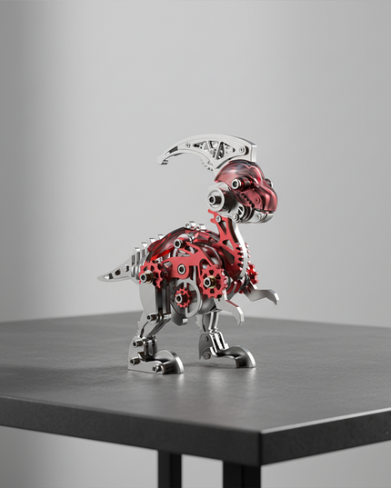 A cool DIY 3D puzzle metal model of a Parasaurolophus dinosaur, perfect for a funny table centerpiece. This metal kit features intricate gears and a sleek design, offering a unique and engaging assembly experience.