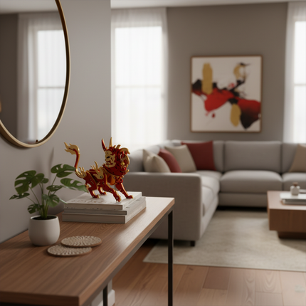 Tablefunny Red and Gold Metal Mythical Beast 3D Assembly Model Kit, intricate puzzle with flame-like details, elegant home decor for console table.