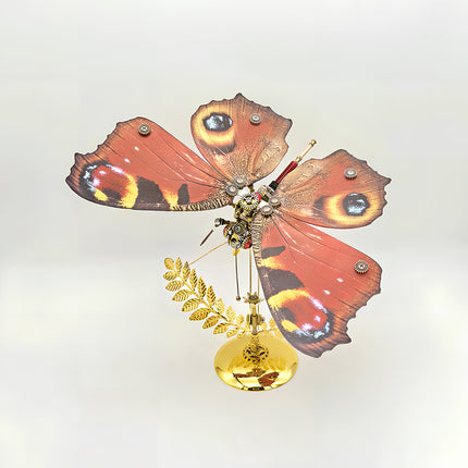 Striking mechanical steampunk butterfly metal model, a challenging 3D puzzle Metal Kit featuring detailed red wings, ideal for steampunk puzzle enthusiasts.