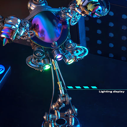  Lighting display of a vibrant 3D metallic puzzle mechanical turtle, showcasing glowing components and intricate mechanical metal details of this maquette en métal.