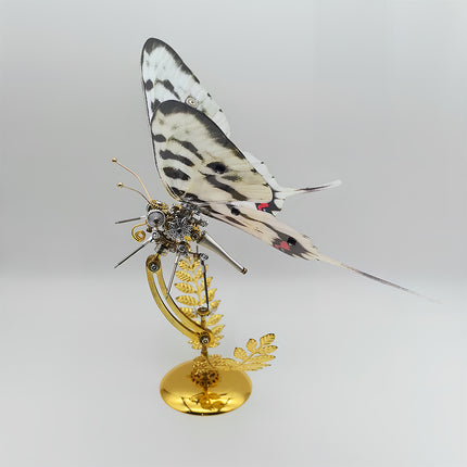 Symmetrical view of white-black steampunk butterfly DIY 3D puzzle metal model - DIY funny table decor from metal kits, long-tailed design with golden leaf stand