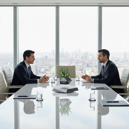 Floating tusk-green succulent planter on an octagonal black base via magnetic levitation between two executives in a city-view conference room – sleek high-end desk accent