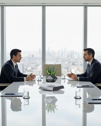 Floating tusk-green succulent planter on an octagonal black base via magnetic levitation between two executives in a city-view conference room – sleek high-end desk accent