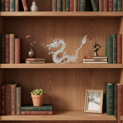 A sophisticated white Chinese dragon 3D puzzle metal model, a beautiful DIY metal kit, gracefully displayed on a wooden bookshelf amidst classic books and decorative items. It adds an elegant touch as a funny table ornament
