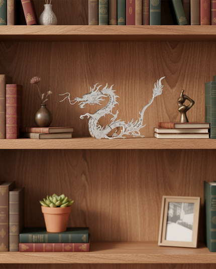 A sophisticated white Chinese dragon 3D puzzle metal model, a beautiful DIY metal kit, gracefully displayed on a wooden bookshelf amidst classic books and decorative items. It adds an elegant touch as a funny table ornament
