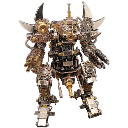 This precision robot berserker DIY metal assembly features articulated limbs and intricate gear mechanisms, blending bold industrial aesthetics. A creative metal model design from tablefunny, it injects artistic mechanical flair into your fun desktop