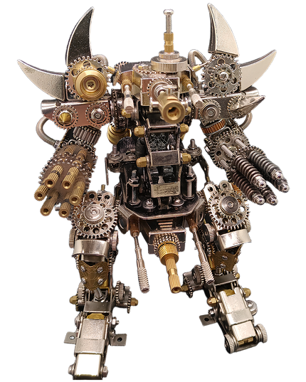 This precision robot berserker DIY metal assembly features articulated limbs and intricate gear mechanisms, blending bold industrial aesthetics. A creative metal model design from tablefunny, it injects artistic mechanical flair into your fun desktop